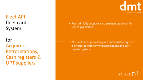 Fleet card system for acquirers, aetrol stations, cash registers & UPT suppliers