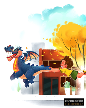 boy cheasing dragon - Children's Book Illustration