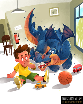 Boy playing with dragon - Children's Book Illustration