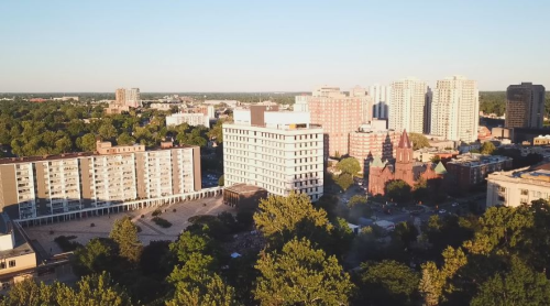 Drone still from flying above downtown London Ontario