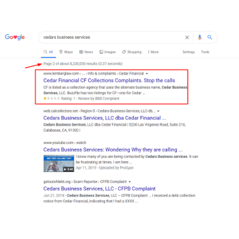 Cedar Financial + ViralChilly: Pushed Down Negative URL from First Page to Second Page of Google