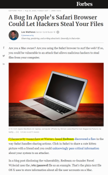 Forbes Magazine: "A Bug In Apple’s Safari Browser Could Let Hackers Steal Your Files"