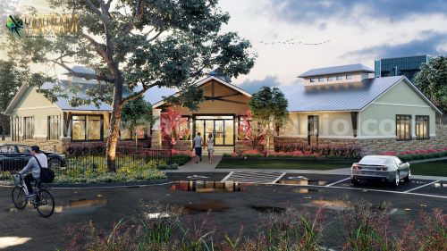 Classic Residential Exterior Landscaping Street House & Pool View of 3D Exterior Rendering Services by Architectural Animation Studio, Toronto – Canada