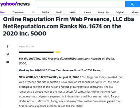 Online Reputation Firm Web Presence, LLC dba NetReputation.com Ranks No. 1674 on the 2020 Inc. 5000
